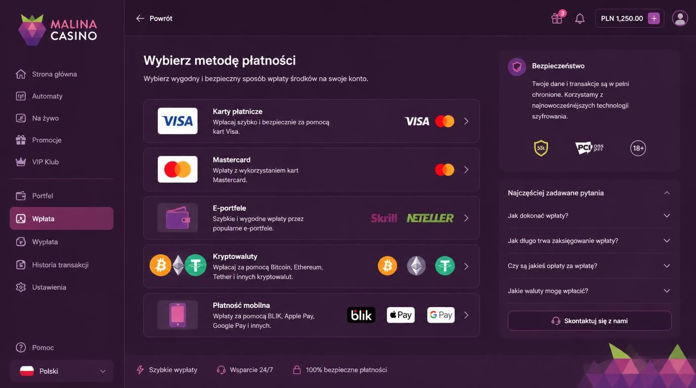 Interfejs wyboru metod płatności w kasynie Malina