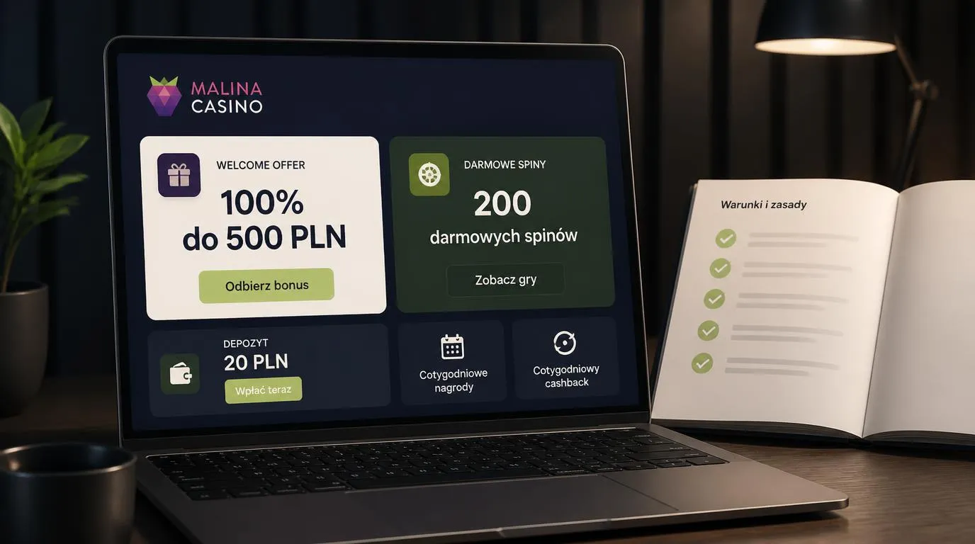 Panel bonusowy z ofertą 100% do 500 PLN, 200 darmowymi spinami i minimalnym depozytem 20 PLN