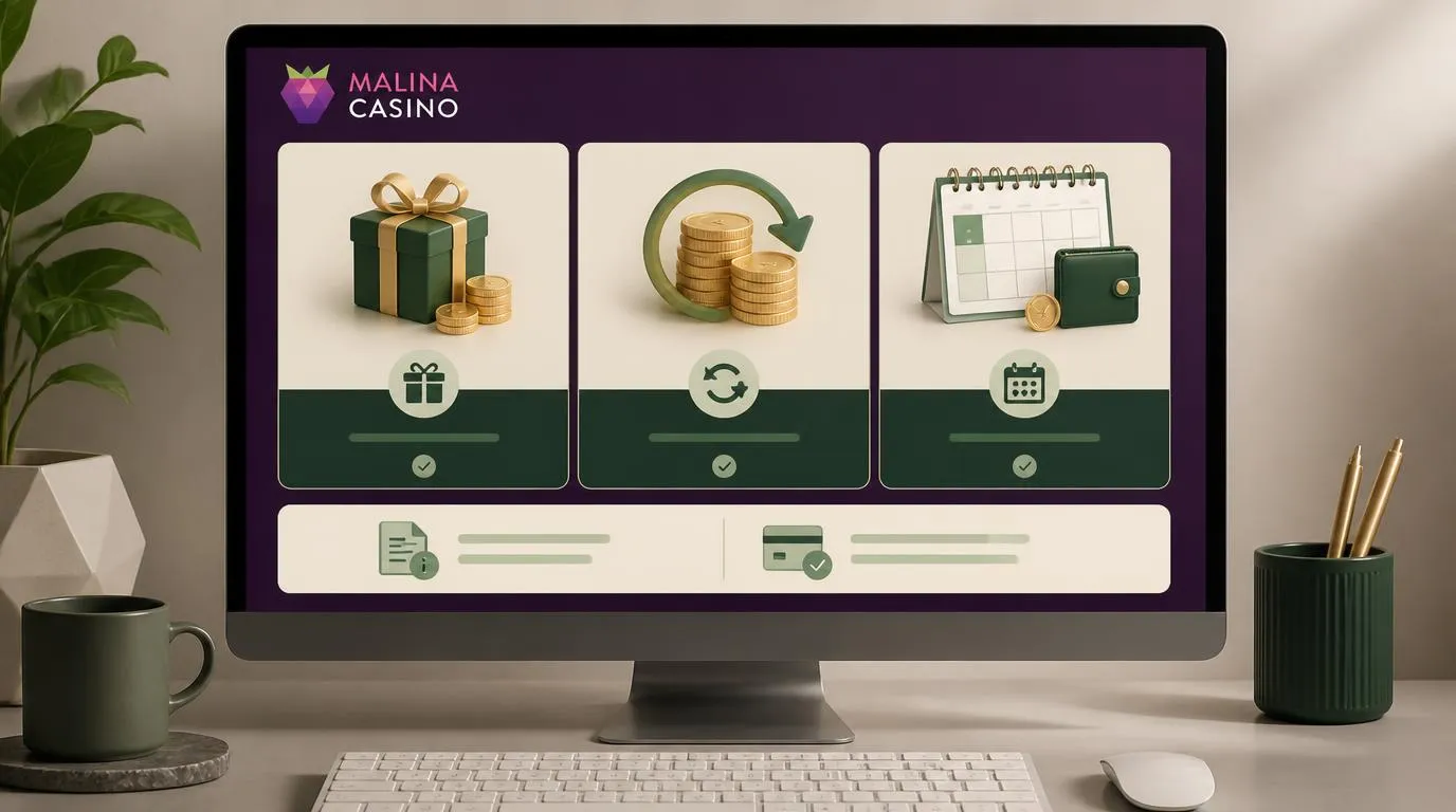 Trzy karty promocji kasynowych z bonusem powitalnym, cashbackiem i nagrodą poniedziałkową